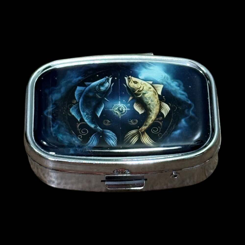Cute Zodiac Pisces Fish Portable Rectangle Metal Pill Organizer Case